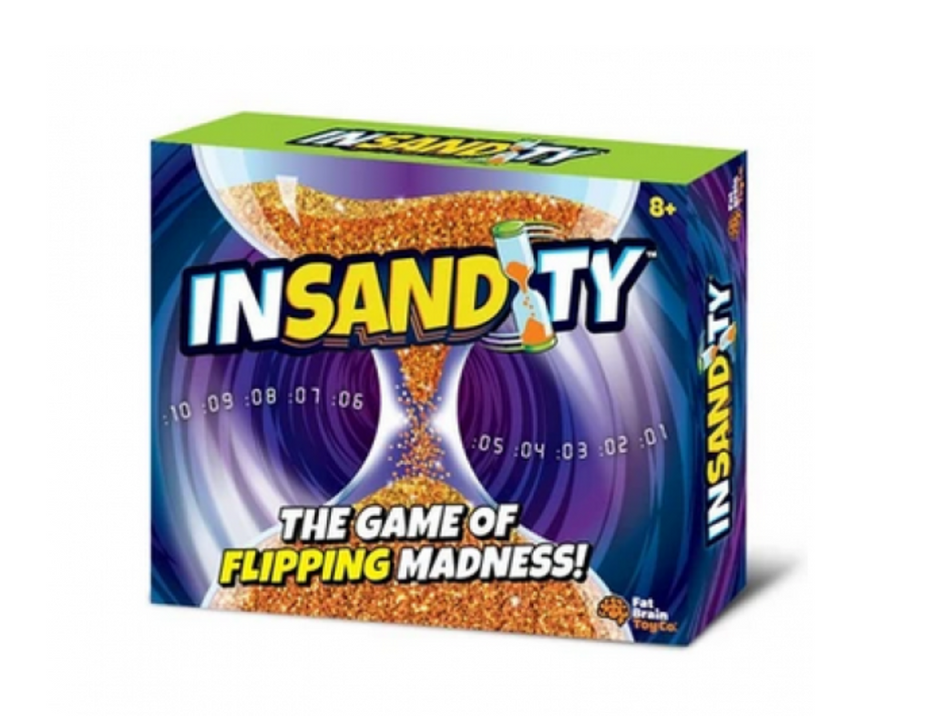 Game box of Insandity- the flipping game of madness. Ages 8 and up. Image of a close up of sand flowing through an hourglass.