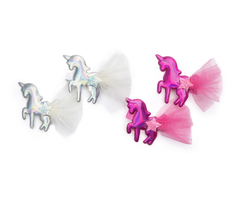 Sparkly, shiny and iridescent unicorns! Unicorns are solid irridescent with a sparkly star on it's hip with a flourish of tulle coming off their tails. Soft, bendable, and easy-to-use hair clips. 2 piece set sold in either white/silver or hot pink. 