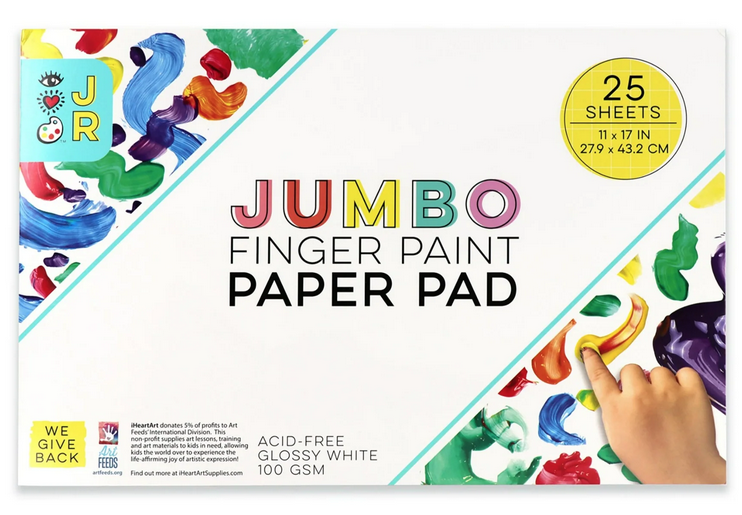 Large format acid-free finger paint paper. The cover is white with colorful paint streaks on the corners. 