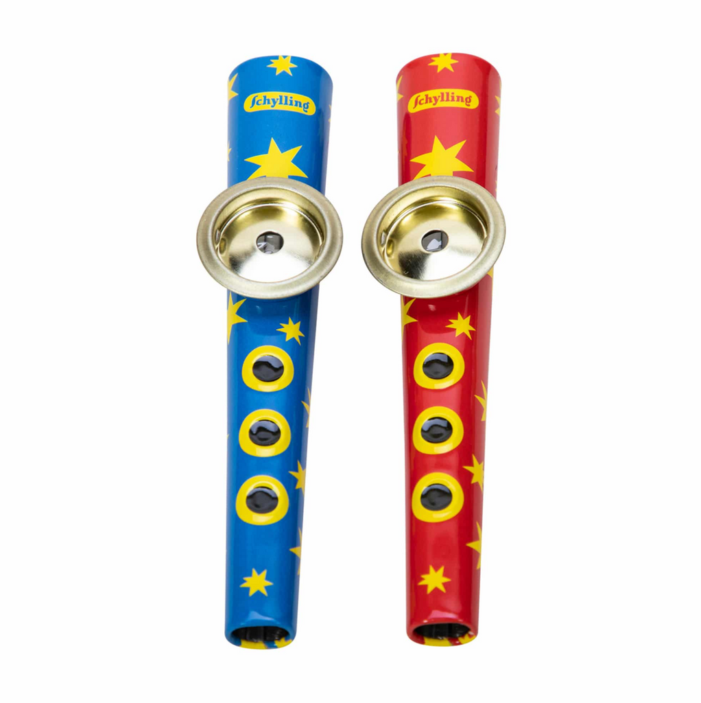 Red or blue tin kazoos.