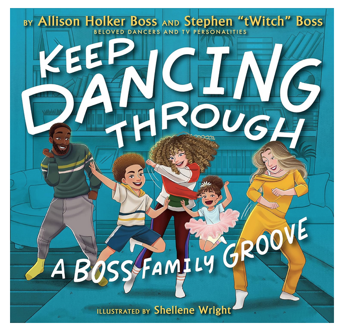 Illustrated cover of "Keep Dancing Through" with characterization of each family member dancing.