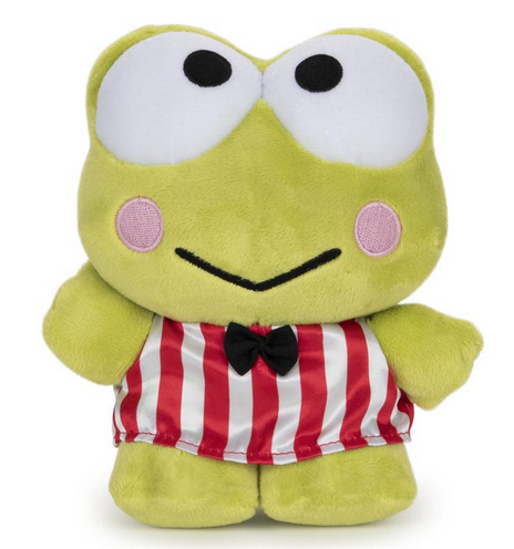 Hello Kitty's friend Keroppi is the happy frog with a v-shaped smile who loves baseball and lives on Donut Pond. This 6-inch plush Keroppi features his classic white and red striped outfit and black bow-tie, rosy cheeks, and a friendly hand up to wave hello!