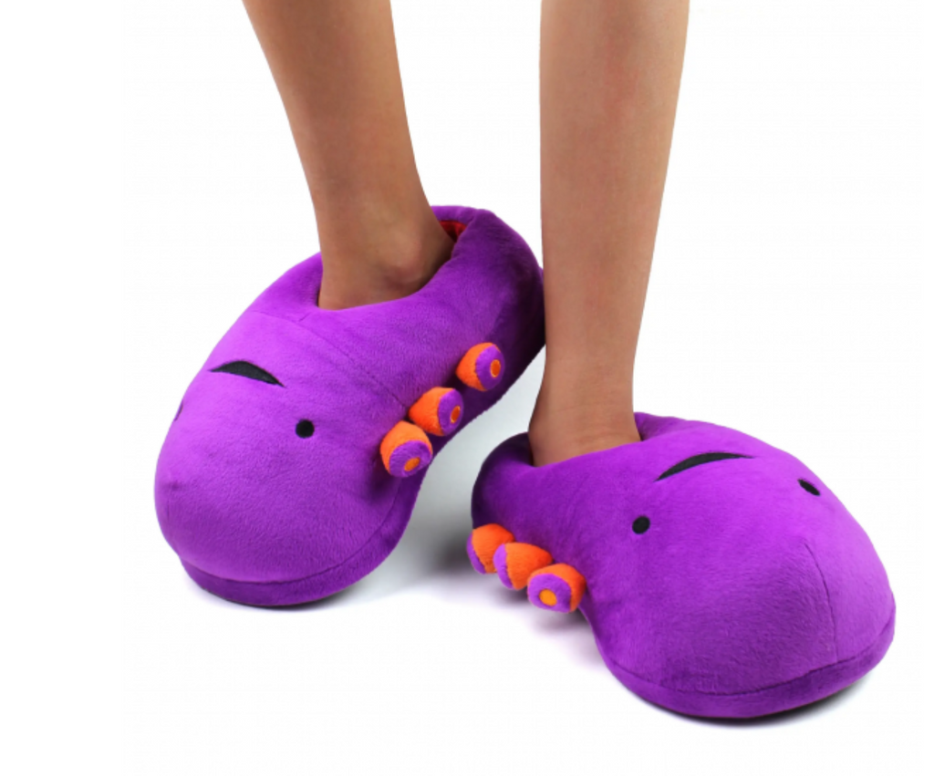Person wearing Purple plush kidney slippers.