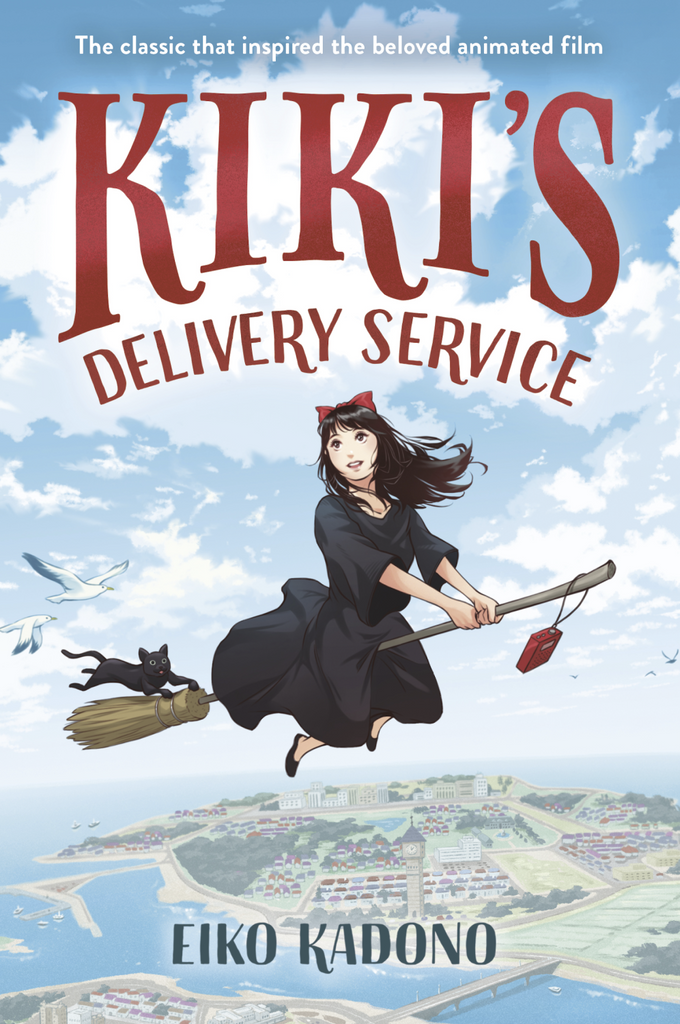 Cover of "Kiki's Delivery Service" by Eiko Kadono shows beloved witch Kiki in a black dress with a red bow in her long black hair riding her broom with her black cat Jiji hanging on. Kiki is flying over a city.
