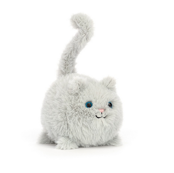 Kitten Caboodle Grey is small but mighty, with a round face and tummy in soft pebble fur. This blue-eyed kitten has bobble paws and ears, a pink stitch nose and a question-mark tail.