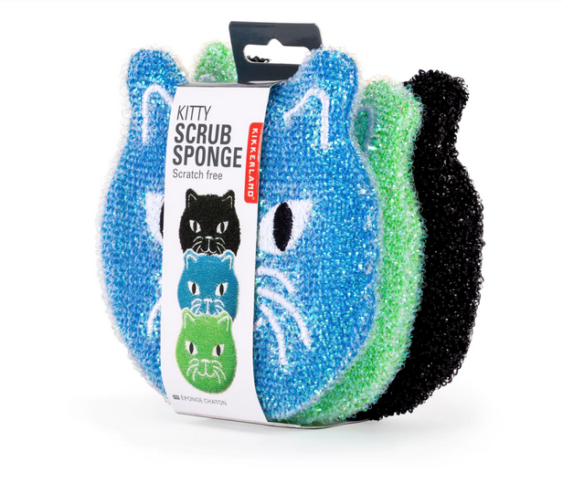 Three Kitty Scrub Sponges bundled together with paper label. There are one each blue, green and black sponge.