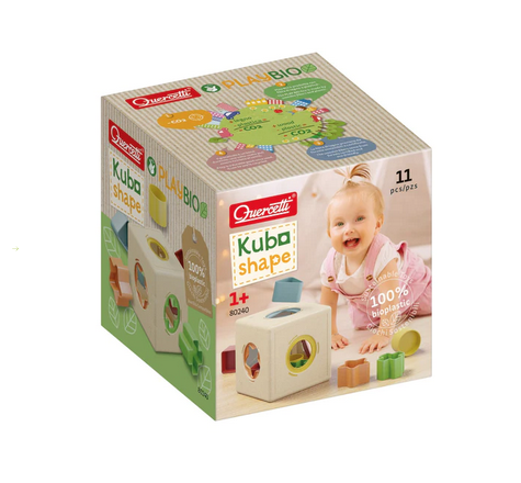 Box for the Kubo Shape Sorter with a picture of a toddler playing with the box and shapes. 