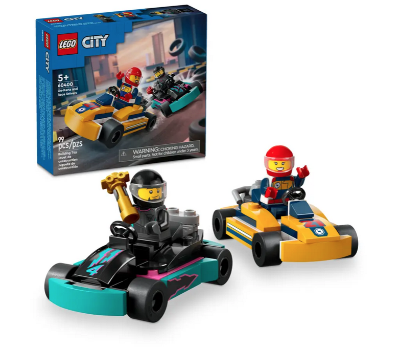 The LEGO Go Karts and Drivers set assembled with drivers sitting in the go karts and the box in the background. 
