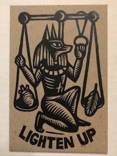 Linocut art of Anubis hand printed 4x6 letterpress postcard. Printed in black on gray or brown chipboard.