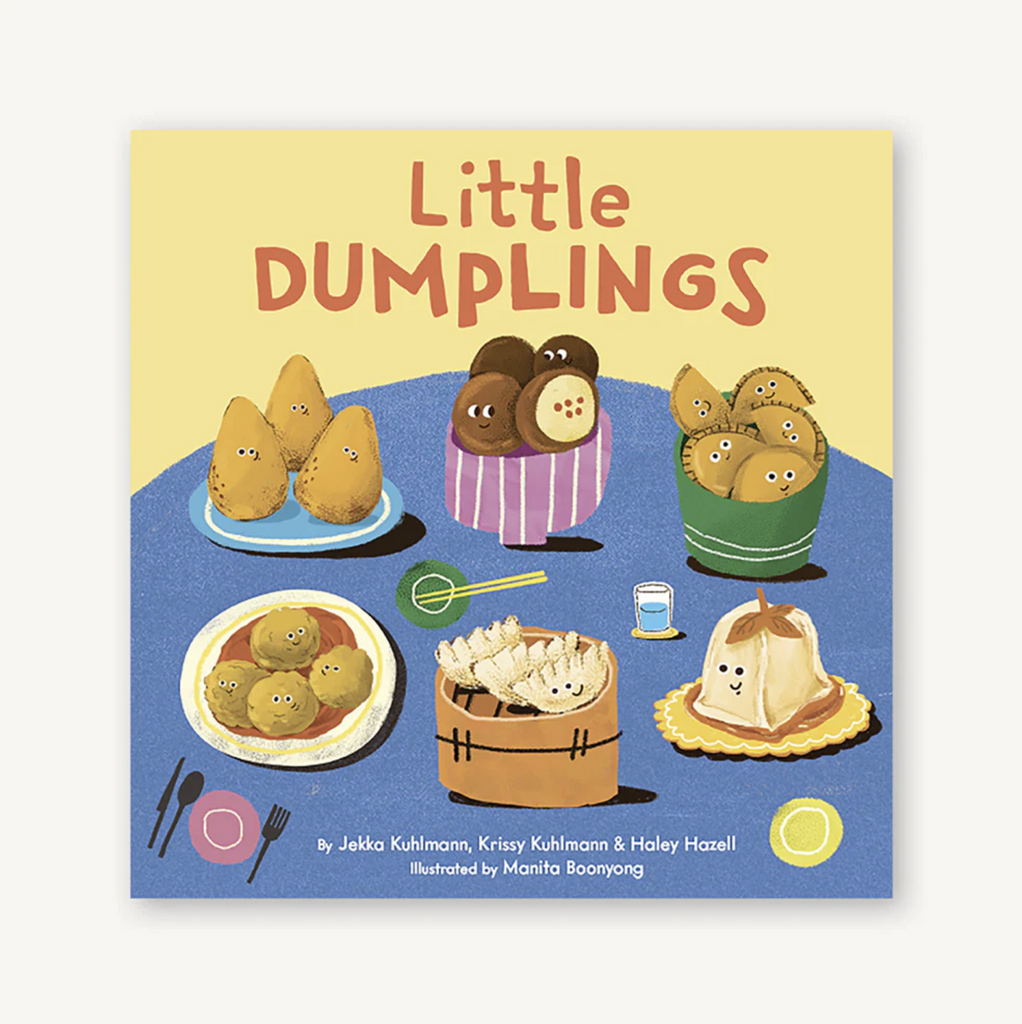 Little Dumplings book cover with illustrations of various types of dumplings. 