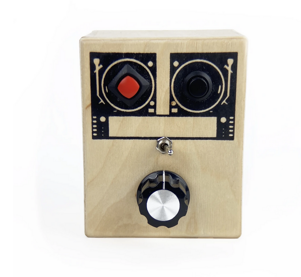 Hand held wooden box recording device with loop switch, pitch control knob, and 1/8 output.