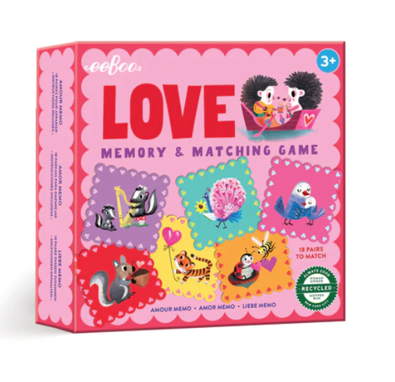 Love Memory and Matching Game box with pink and red coloring and illustrations of the cards included. 