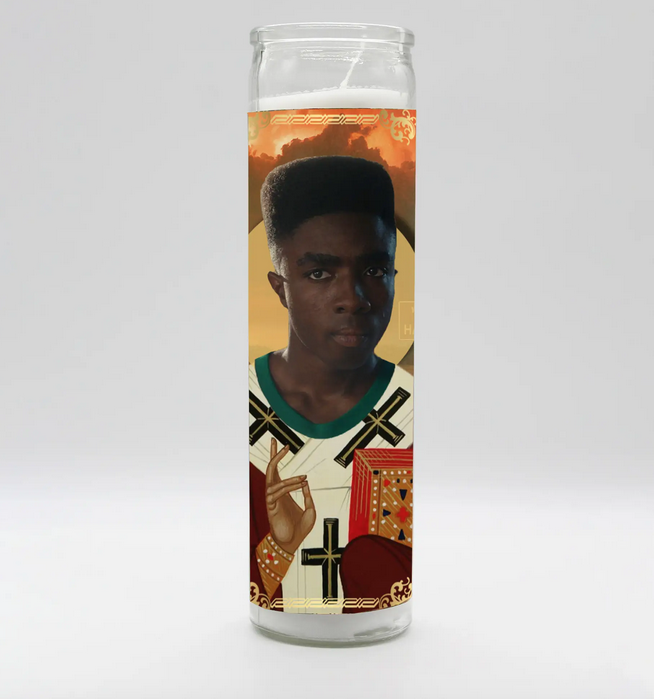 Class prayer candle featuring Lucas Sinclair of Stranger Things.