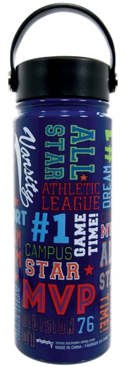 Dark blue most valuable player stainless steel water bottle with a plastic twist on handled cap. Bottle text says all stars, #1, game time, MVP, and more.