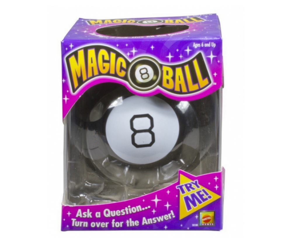 Magic 8 Ball in a purple box. Has a clear window so that you can try it for yourself. 