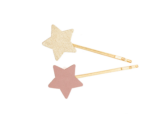 Set of matte pink and gold star bobby pins.