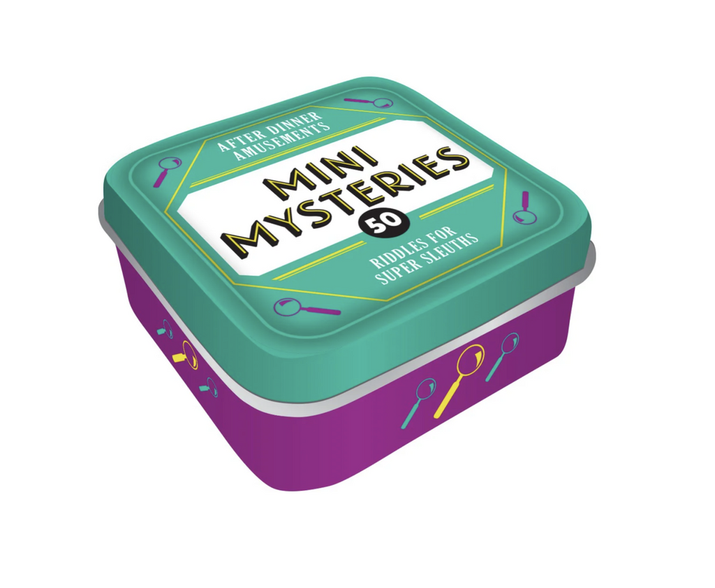 Mini Mysteries tin with purple base and teal top with title and magnifying glasses graphics. 