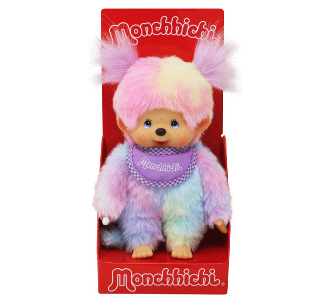 Monchichi tie dye plush doll in a red box. 