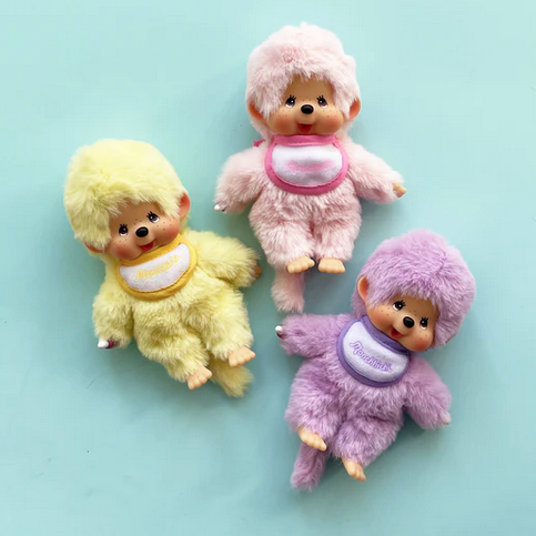 All three colors of the Monchichi Colorful Beanies plush dolls. 