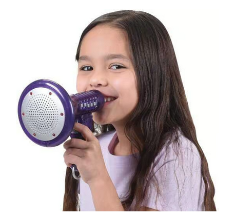 Girl using purple multi voice changer toy.