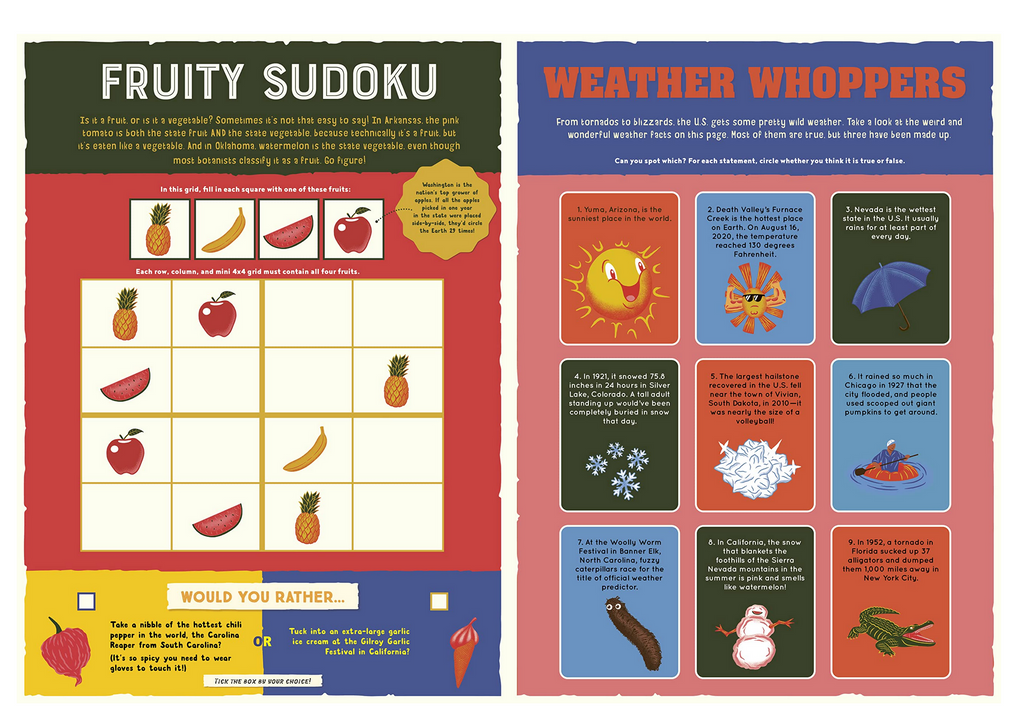 Fruit sudoku and weather whoppers pages.