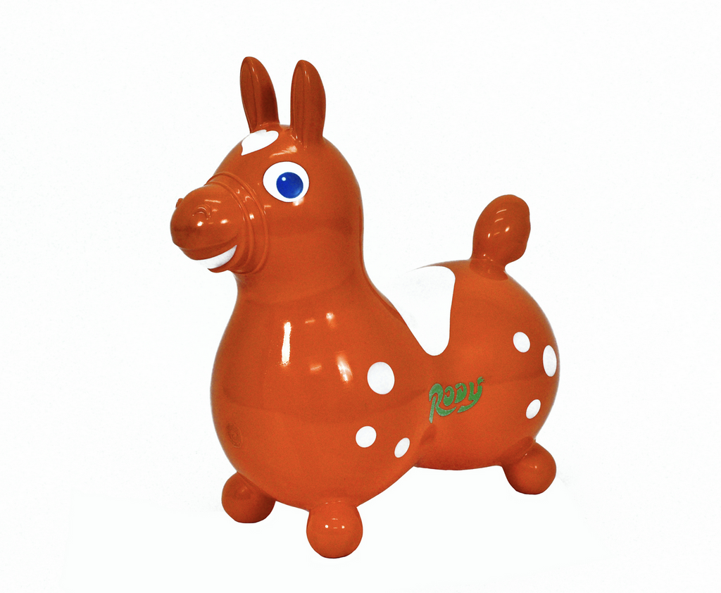 Orange Rody horse sit on inflatable toy.