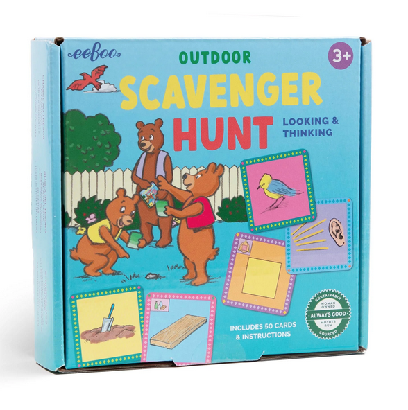Outdoor Scavenger Hunt box. It is a finding game. The box depicts a bear family looking and thinking for the objects on the included cards. 