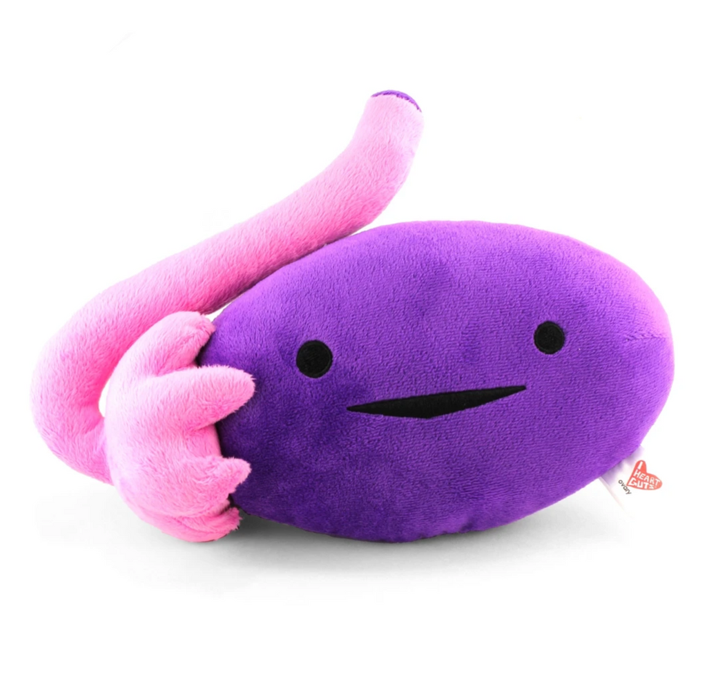 Plush purple ovary with a pink fallopian tube and a happy embroidered face.