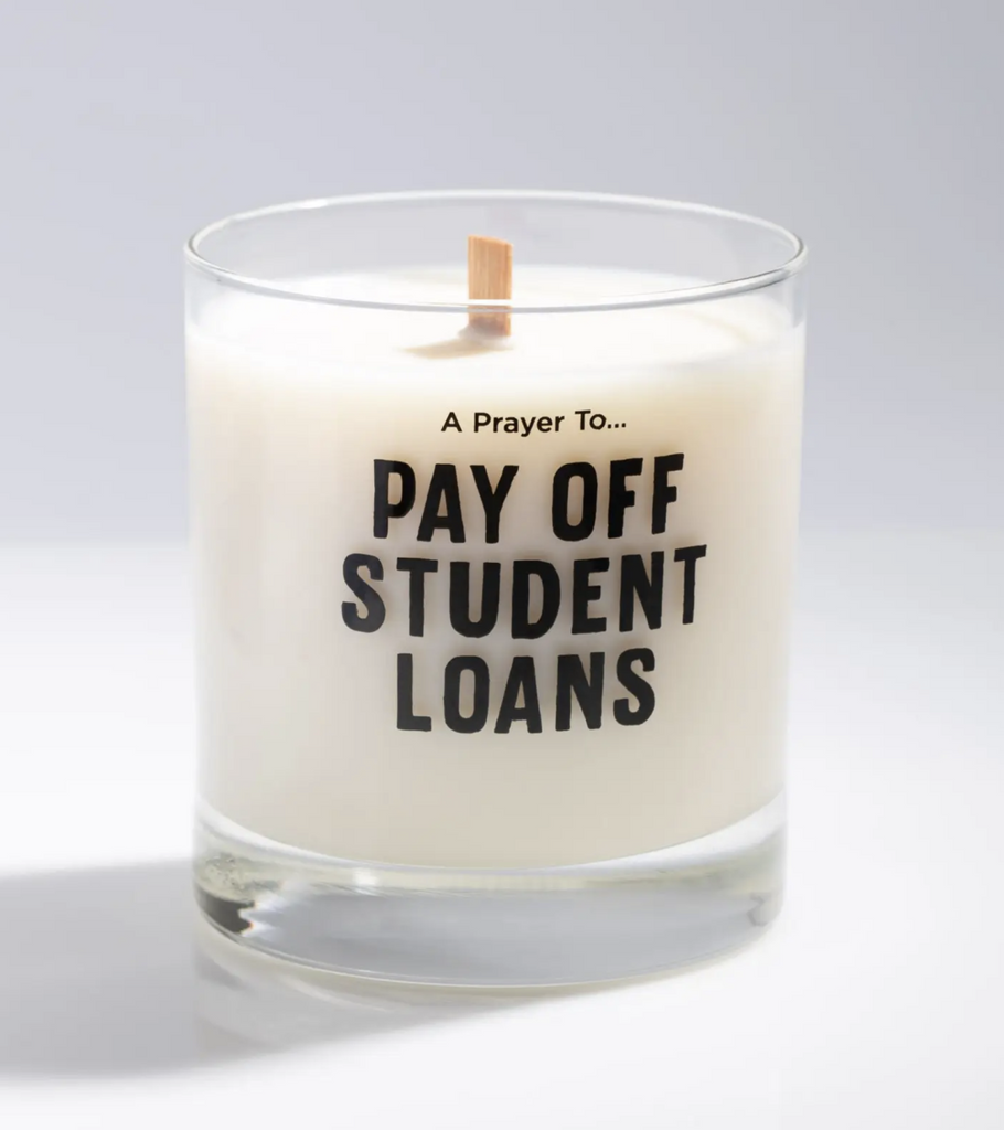A prayer to pay off student loans candle.