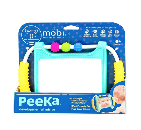 Peeka Mirror in an open blue cardboard package. 