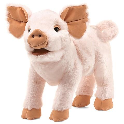 Adorable Piglet puppet with the palest pink fur, bright eyes and curliecue tail.  