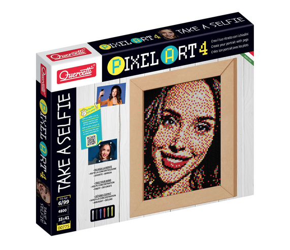 The box for Pixel Art Take A Selfie, with an image of a completed portrait made with the colorful pegs included in the kit. 