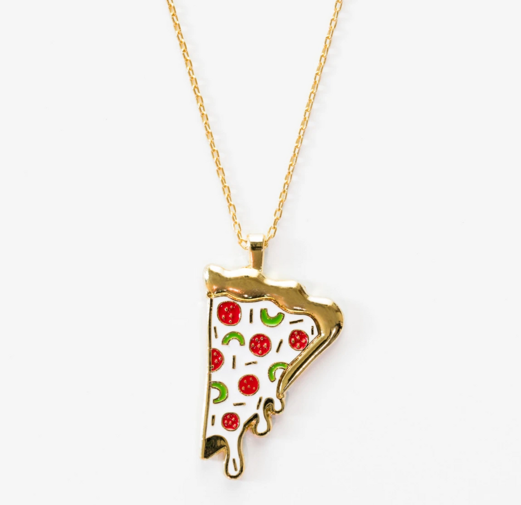 Gold and white enamel pizza charm on a gold chain.