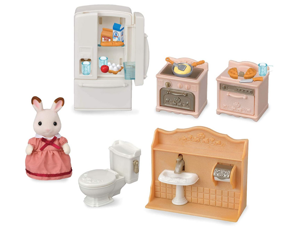 Calico Critters Playful Furniture Starter Set includes a fridge with food, a stove, and overn with counter space for cooking, a toilet, a sink and counter, Hopscotch Rabbit mom, and much more.