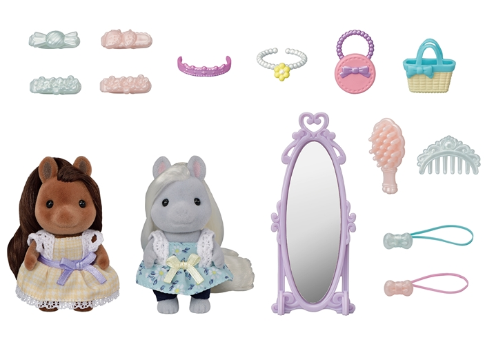 Calico critters Pony Friends set inlcudes 2 pretty pony figures with long hair to style, a standing mirror, and lots of hair and fashion accessories.