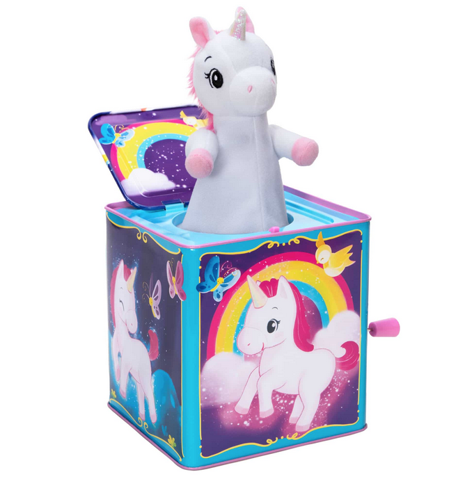 Turn the handle to hear a fun song and POP! An adorable plush unicorn pops out! Push them back in and close the lid to start the fun again. This unicorn shines bright and phases through a rainbow of colors, filling your little one’s space with an enchanting glow.