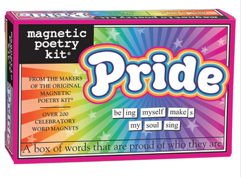 Pride Magnetic Poetry Kit. The box Spells put the word Pride in large letters with a rainbow radiating from it.