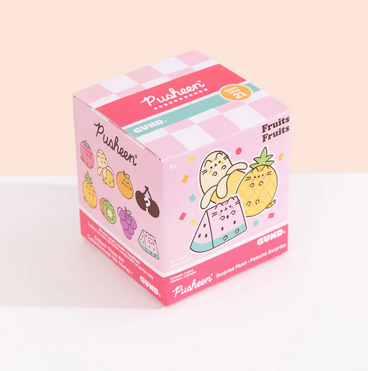 Pink box with checkerboard top and illustrations of the 8 different Pusheen fruit surprises on the sides. 