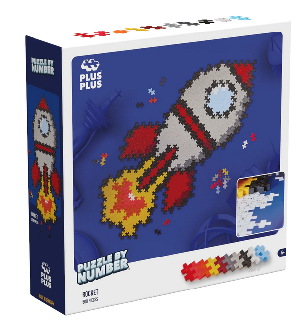 Plus-Plus Puzzle By Number Rocket 500 piece box features a view of the completed puzzle on a blue background. Also shown are the colors of the Plus Plus pieces which are gray, smoke, pastel blue, red, maroon, mustard, coral, black, orange, and white. 