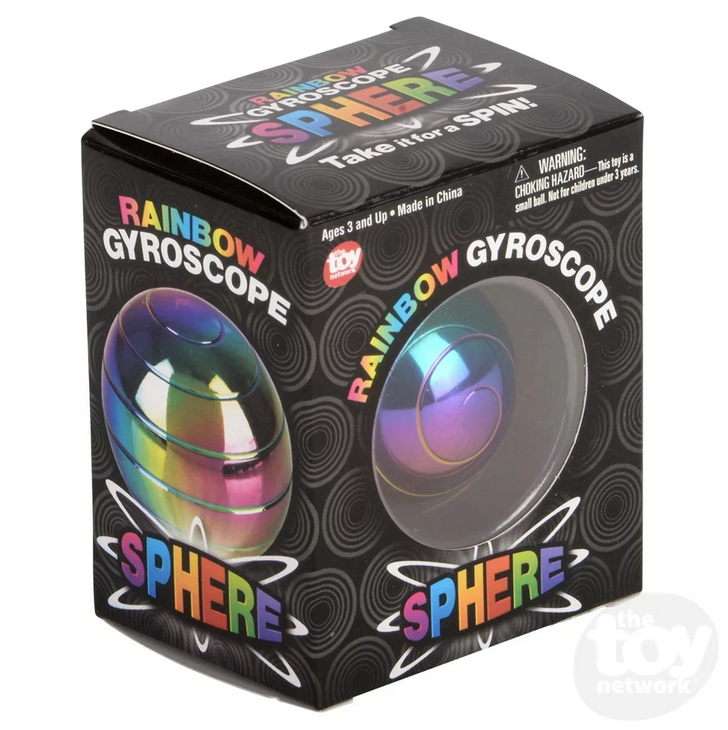 Rainbow Gyroscope Sphere box, which is black with pictures of the gyroscope and rainbow lettering.  