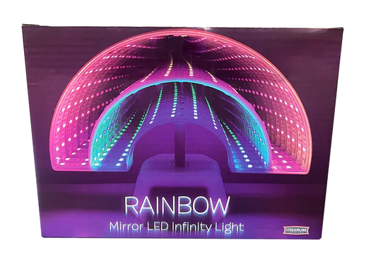 Rainbow mirror LED infinity light in box.