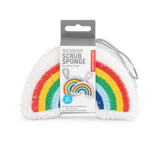 Set of 2 Rainbow Scrub Sponges with a paper band around them. 