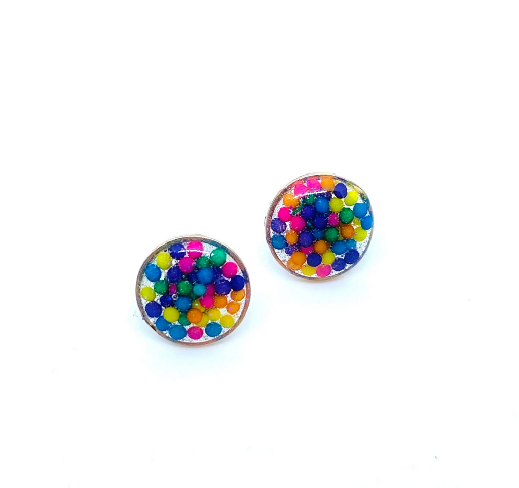 Real rainbow candy sprinkles in resin stud earrings.