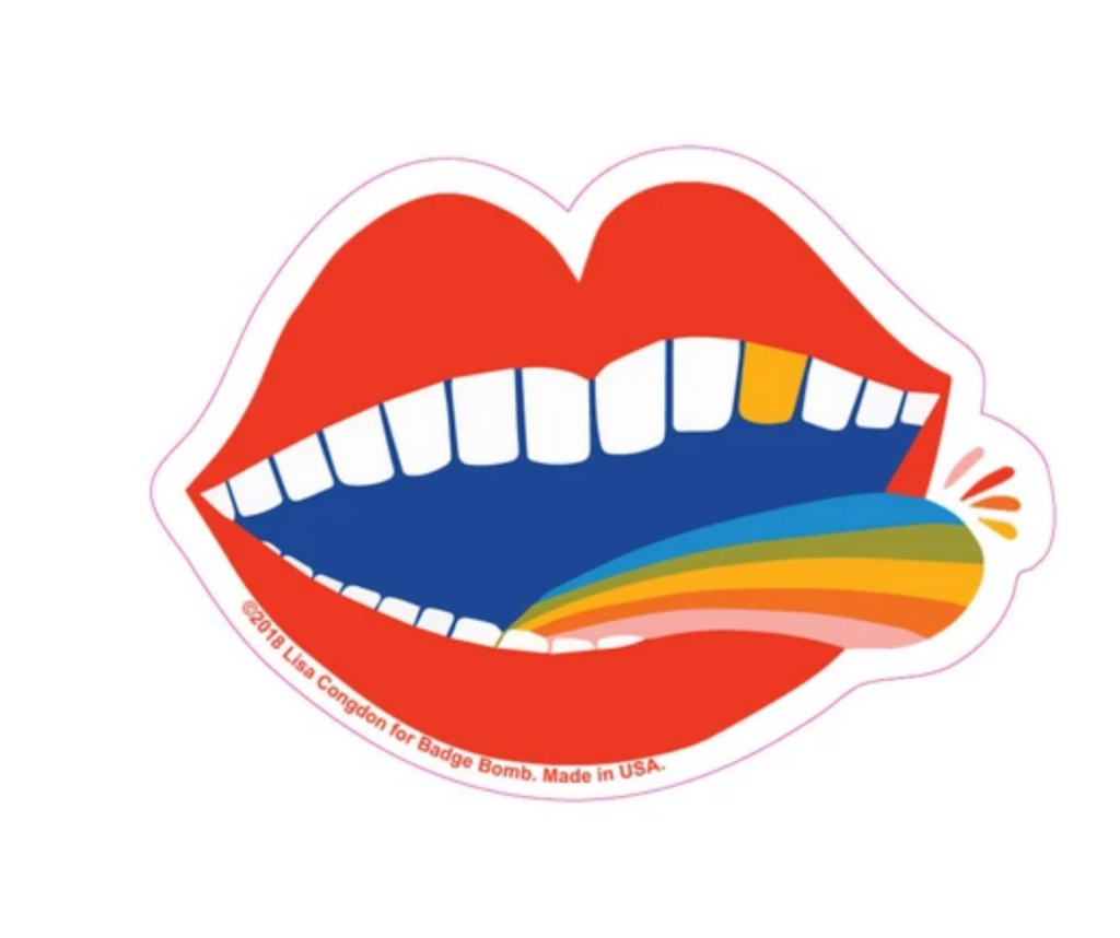 Red mouth with a rainbow tongue sticker by Lisa Congdon.