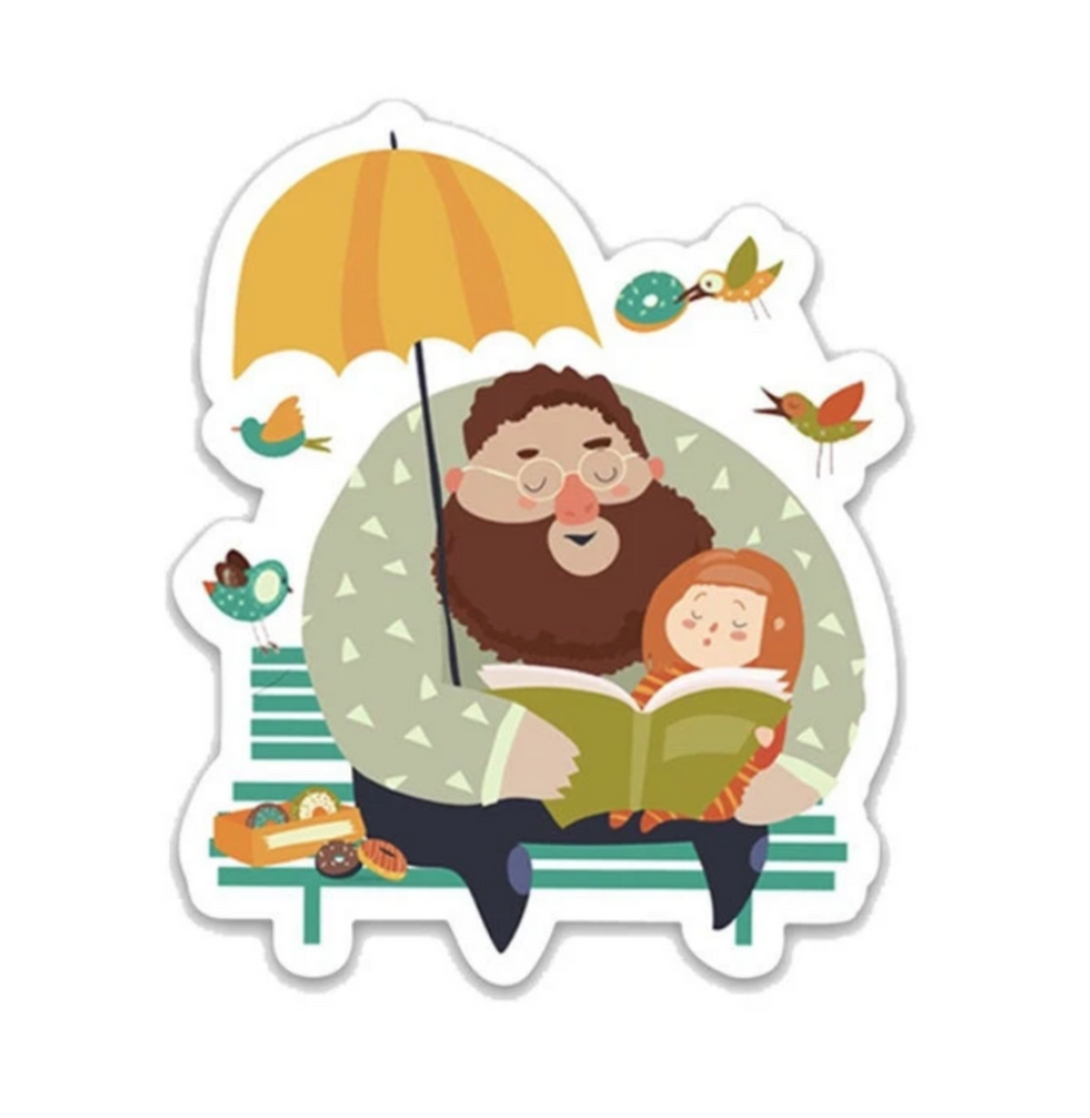 Sticker of a father and daughter reading a book sitting on a park bench, under an umbrella, with a box of donuts and 4 birds.