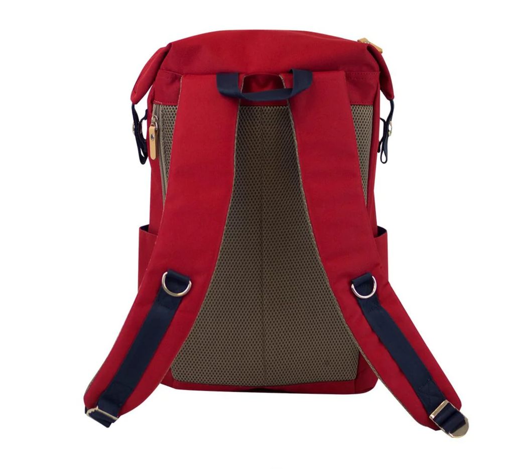 Red canvas highline backpack back view.