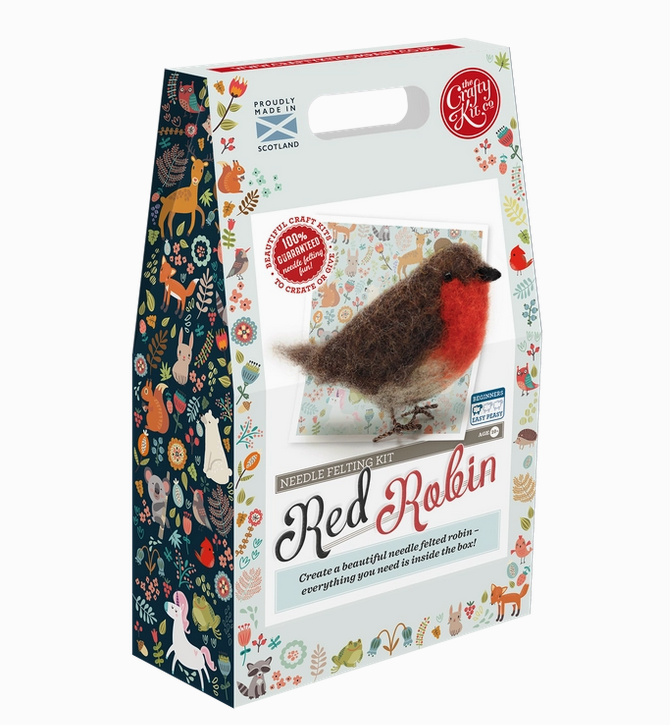 The box for the Red Robin Needle Felting Craft Kit. Featuring a photo of the completed felted robin, and illustrations of all sorts of animals along the side of the box. 