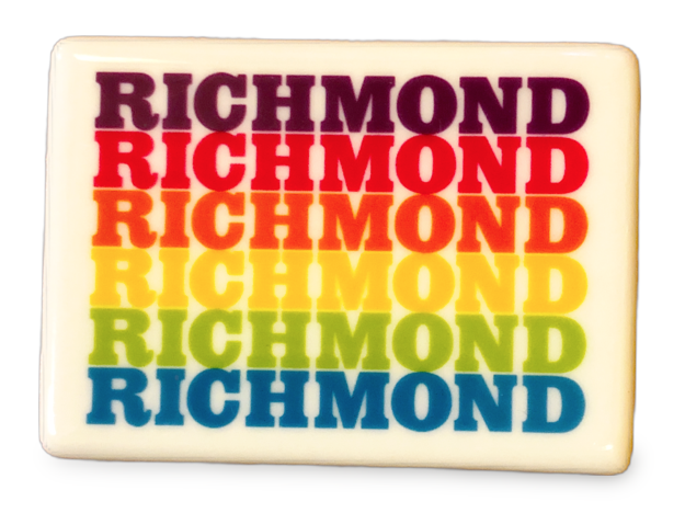 White rectangle magnet with RICHMOND repeated in rainbow colors.