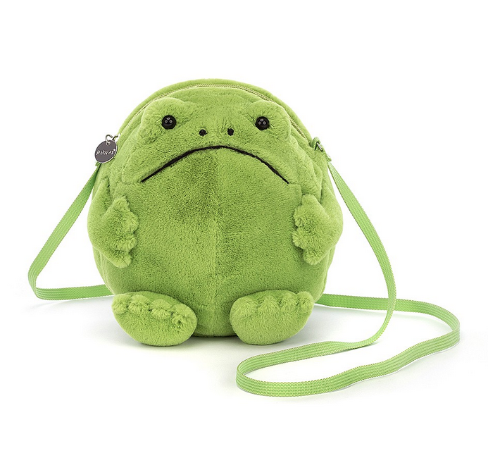 The Ricky Rain Frog plush bag. With his plump mossy green body, webbed strap, and cuddly webbed feet!
