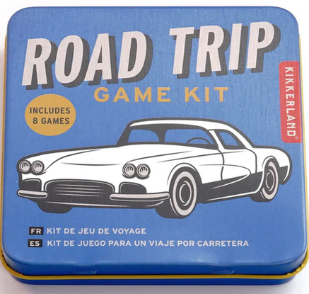 The Road Trip Game Kit includes 8 reusable cards, 2 dry erase pens, and instructions for 8 games.